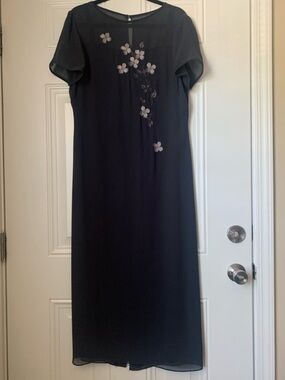 Talbots Charcoal Gray Sheer Midi Dress with Silver Floral Appliqué Size 12